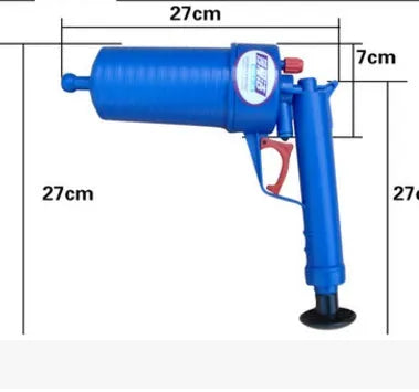 Plastic high-pressure drain blaster gun with four different sized adaptors for unblocking sinks and toilets