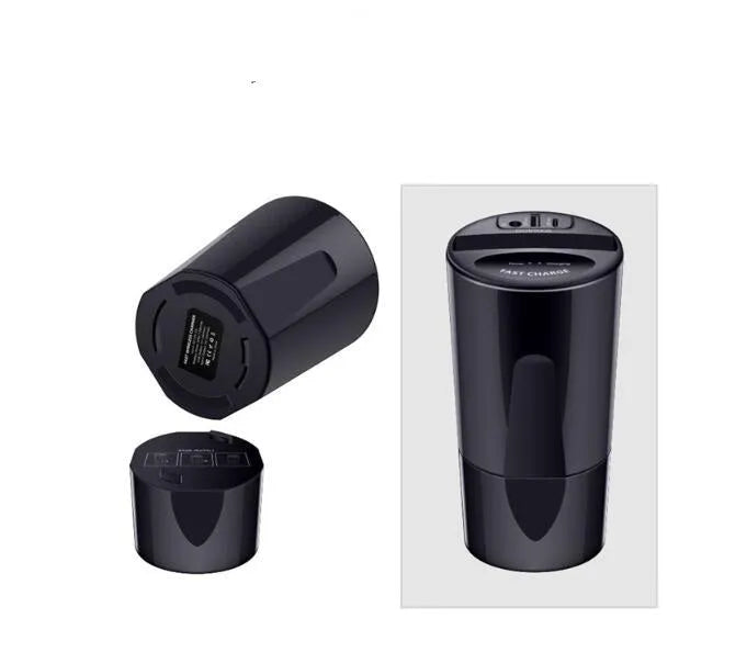 Black X9 car wireless charging cup holder mount with QI charging surface and USB/Type-C ports