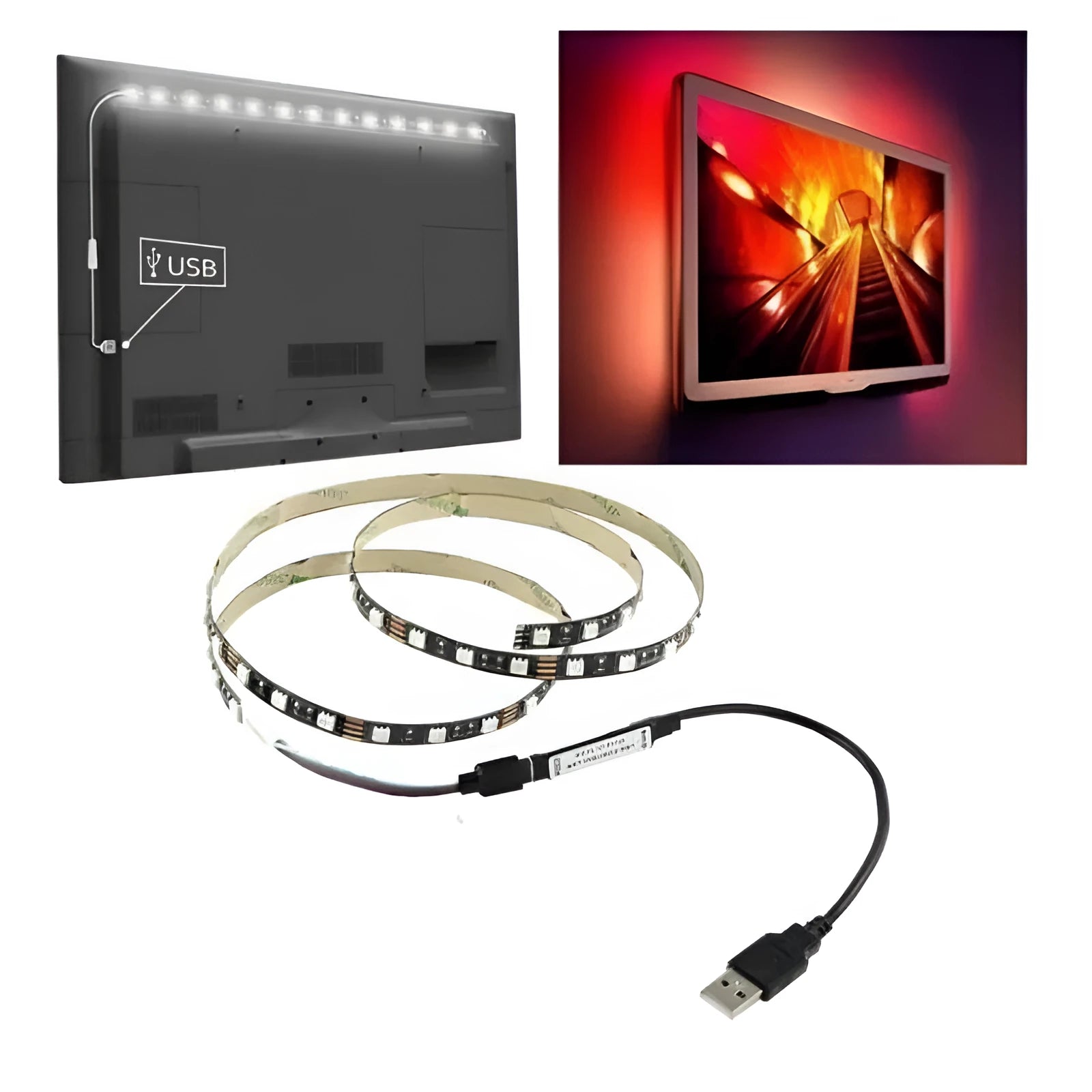 1 metre USB LED light strip showing white, blue, warm white, red, polychromatic, and green colour options