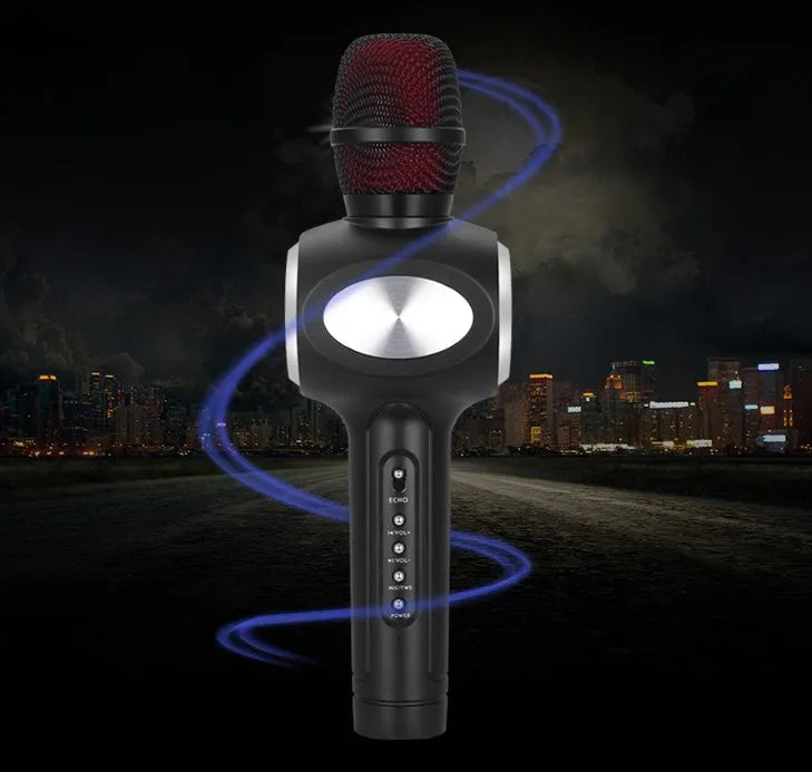 Yaerjia E108 black mobile karaoke microphone with built-in speaker grill and controls.