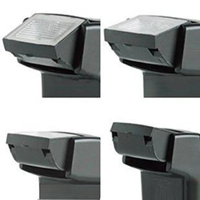 Silver SLR camera flash unit with tilt mechanism mounted on camera hot shoe