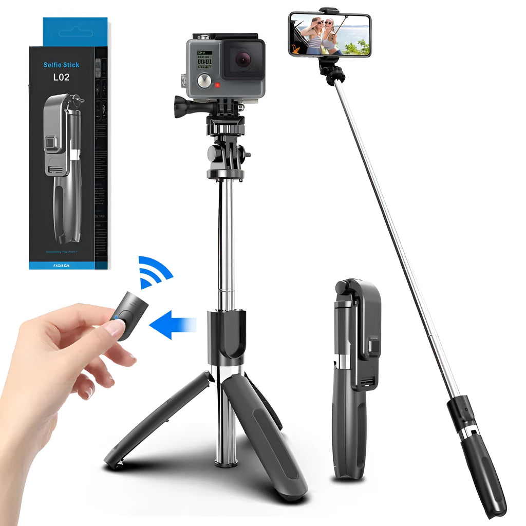 Black Bluetooth selfie stick with tripod legs extended and wireless remote, shown next to a smartphone.