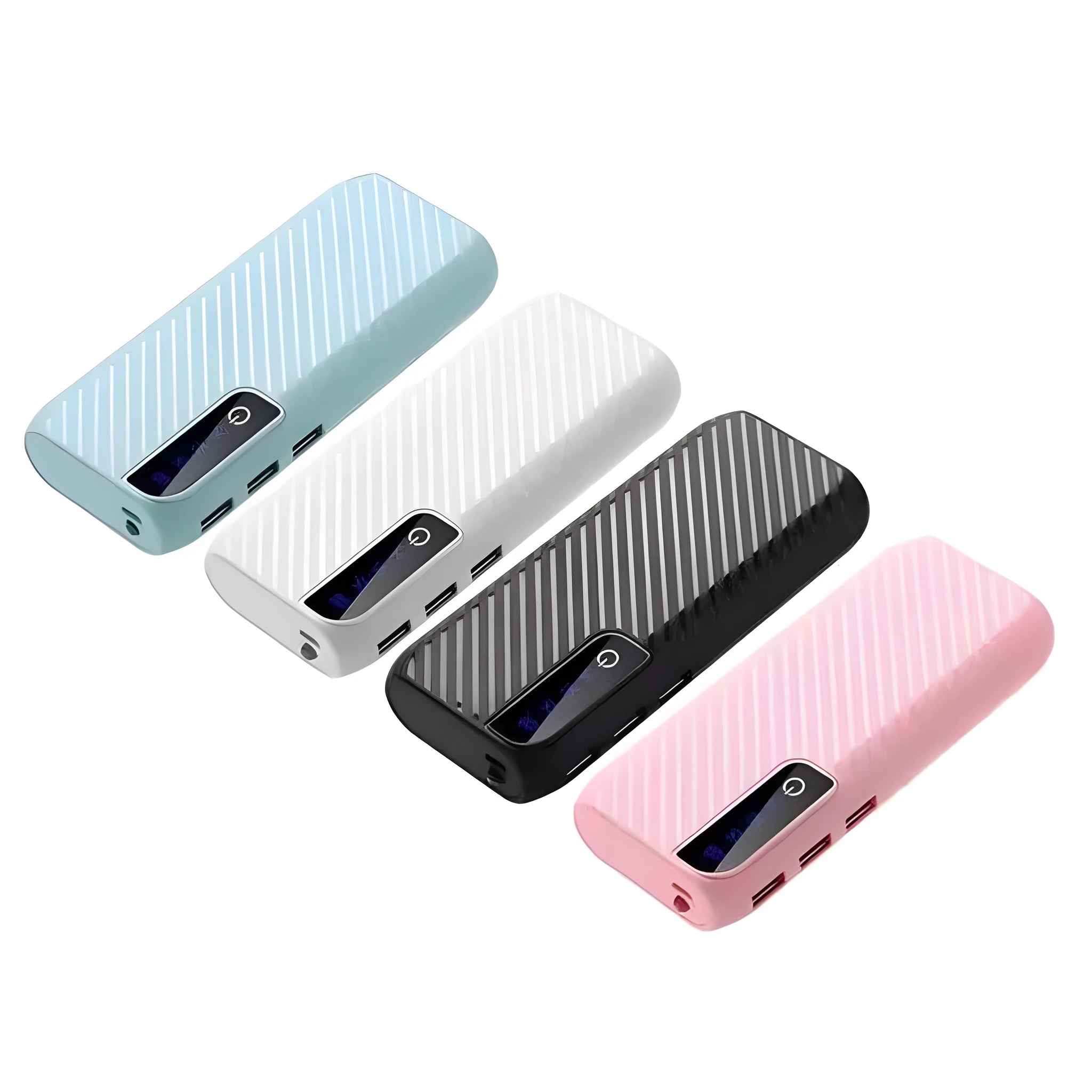 Compact 20000mAh portable power bank in black, blue, or pink with USB ports for fast charging.