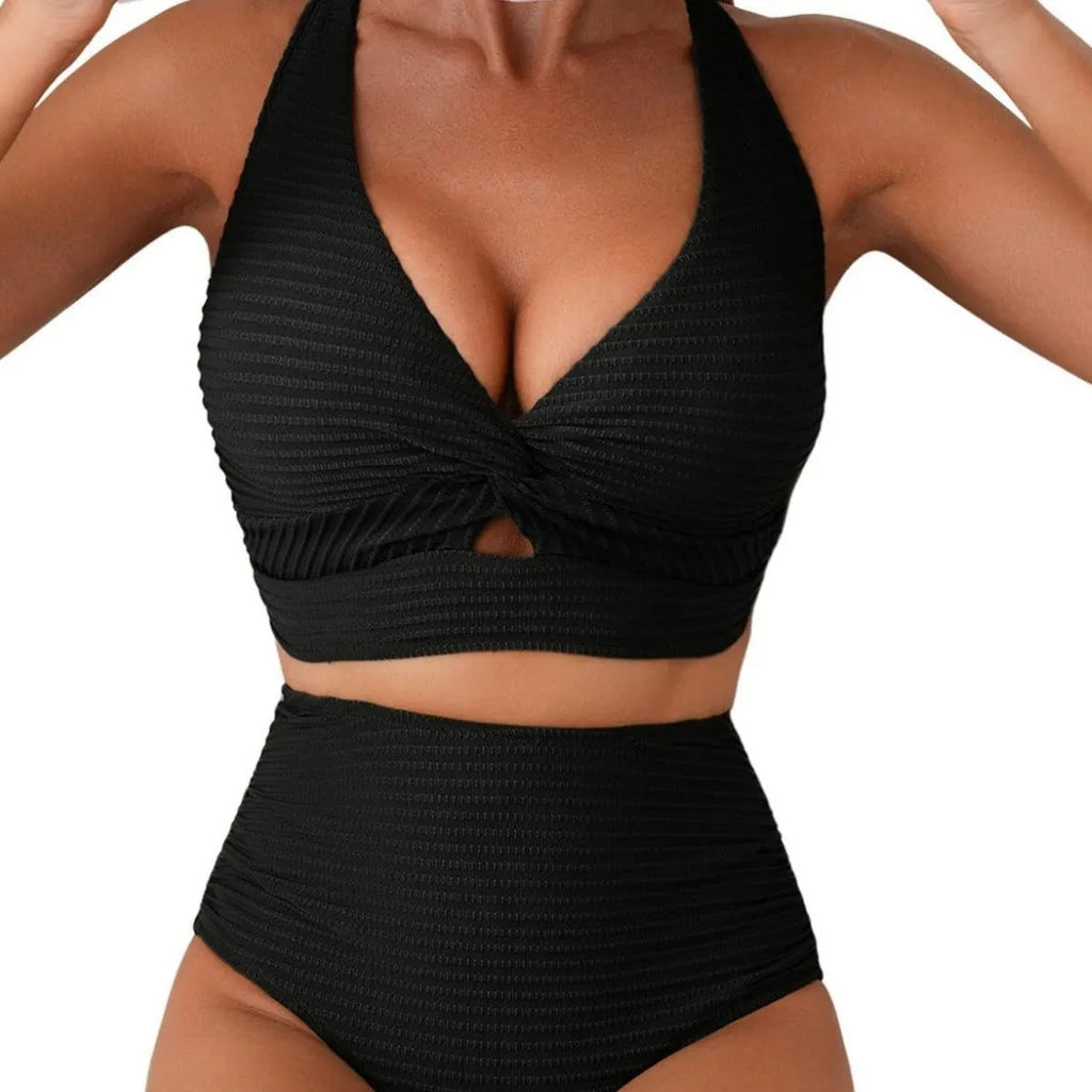 Women's two-piece swimsuit set with sleeveless top and briefs in solid colour rib fabric, available in multiple colours