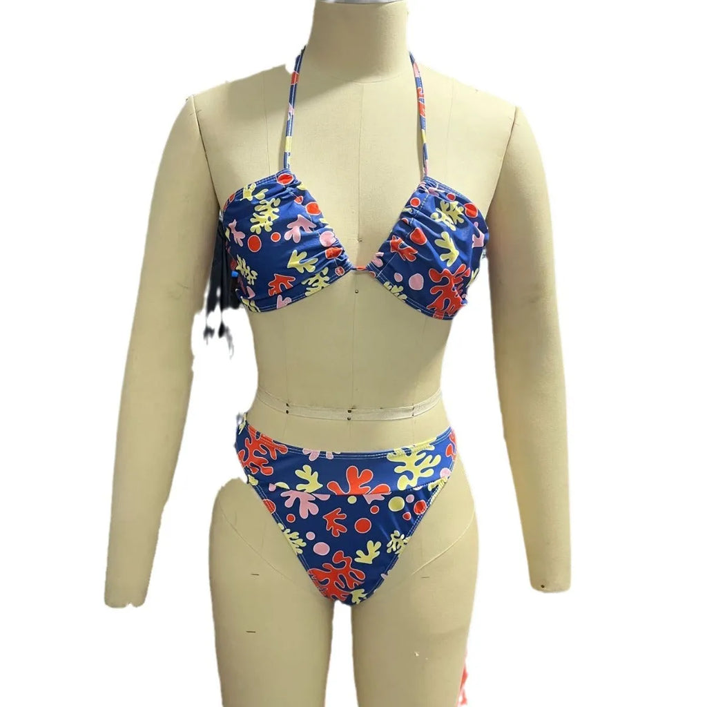 Sunbath No Sun Marks banded bikini set in Blue Variegated, bra and shorts, polyester spandex, brief style