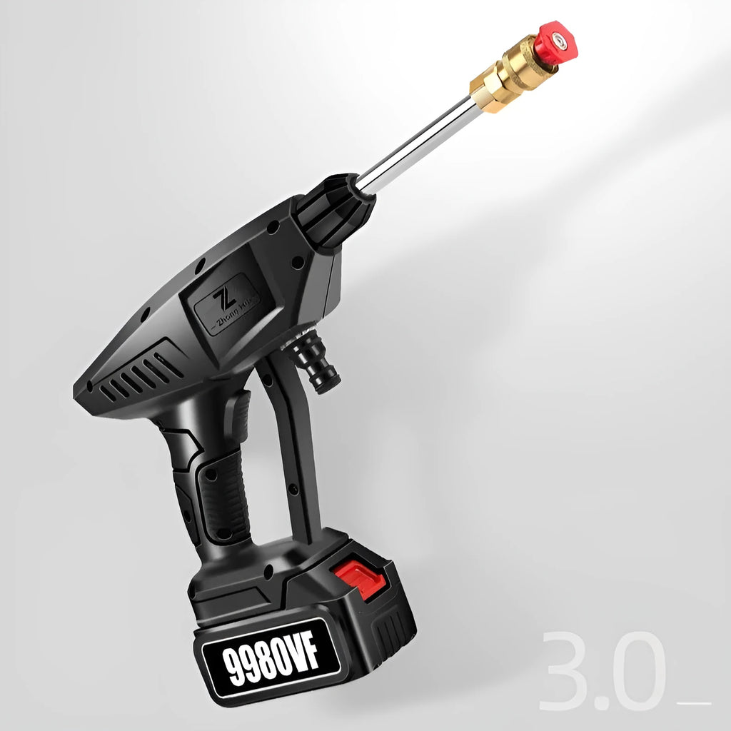 Wireless lithium battery car washing gun, red and white, with straight sector shape nozzle and plastic handle