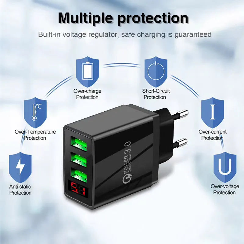 Black LED USB charger with Qualcomm Quick Charge, universal compatibility for phones and tablets