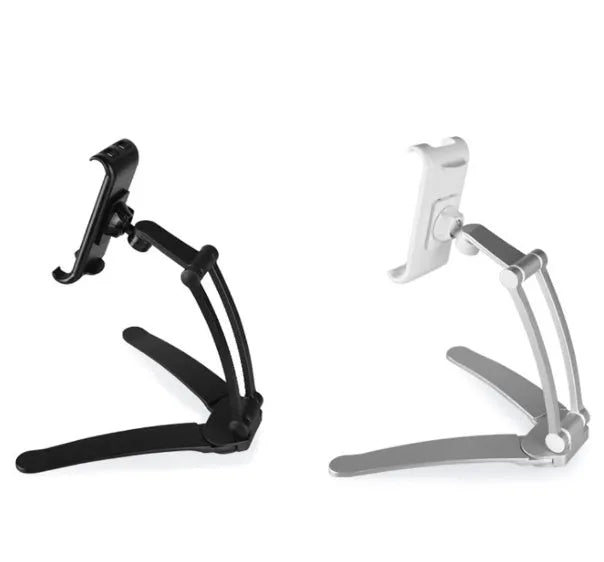 Silver aluminum alloy desktop stand holding a tablet at an angle, showing its adjustable clip and 360-degree rotation base.