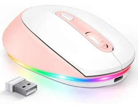 Compact 24g wireless ergonomic mouse with USB charging cable on a desk next to a laptop.