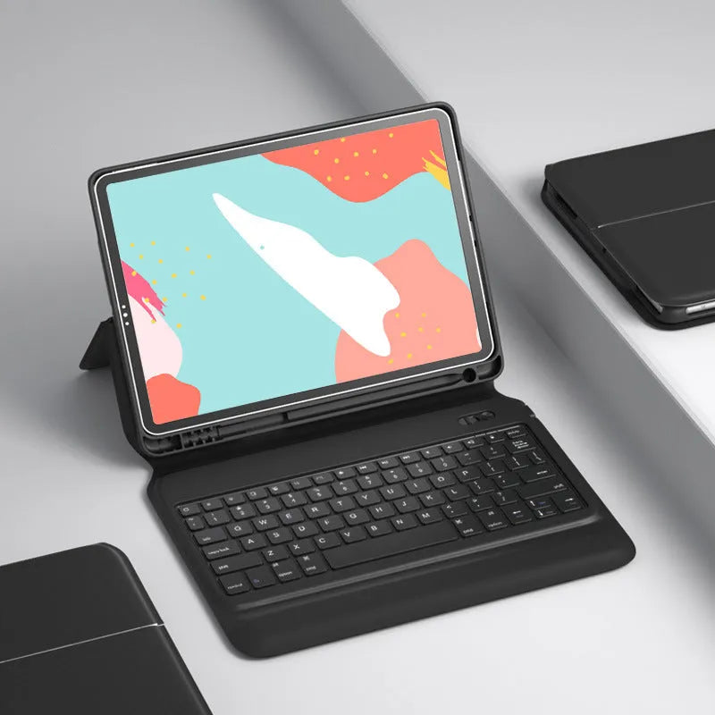 Ultra-thin wireless Bluetooth keyboard leather case for iPad Air and Pro models in black flip style