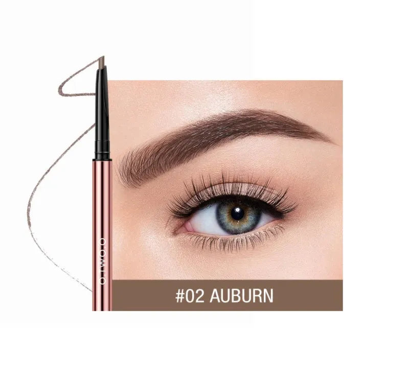 Eyebrow makeup pencil in colour box packaging, shown in shades of Auburn, Blonde, Caramel, Dark Brown, Soft Brown, and Taupe.