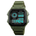 Skmei fashion creative digital watch men's 43mm round rubber case PU strap LED display Army green