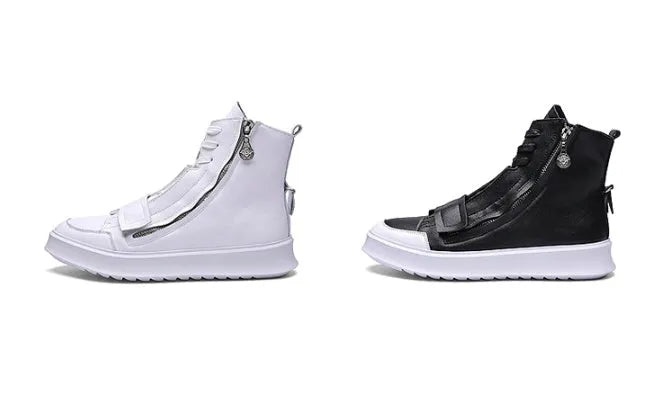 Men's black PU leather high-top ankle boot on a white background