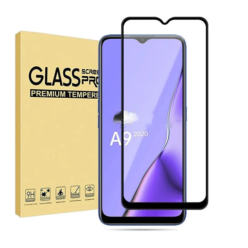 OPPO A9 2020 full screen tempered glass screen protector with black edges and anti-fingerprint coating