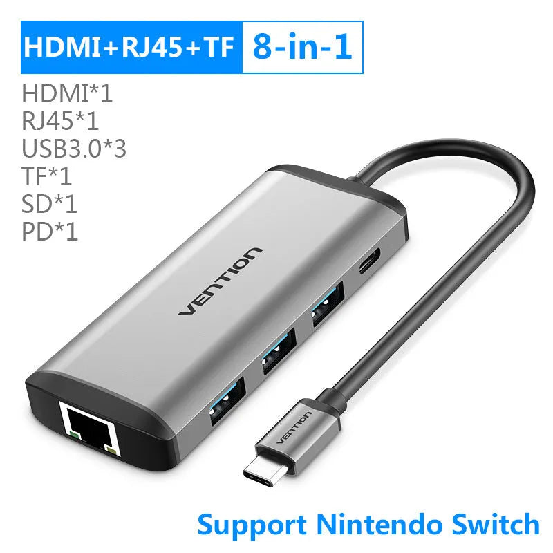Deep gray USB-C to HDMI adapter hub with Ethernet, USB ports, and card readers on a short cable.