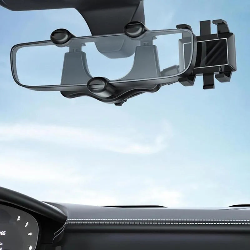 Black rearview mirror car phone holder with telescopic arm and 360° rotating joint on a car mirror.