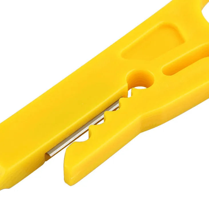 Yellow mini portable wire stripper tool with 0.6mm stripping head on a white background.