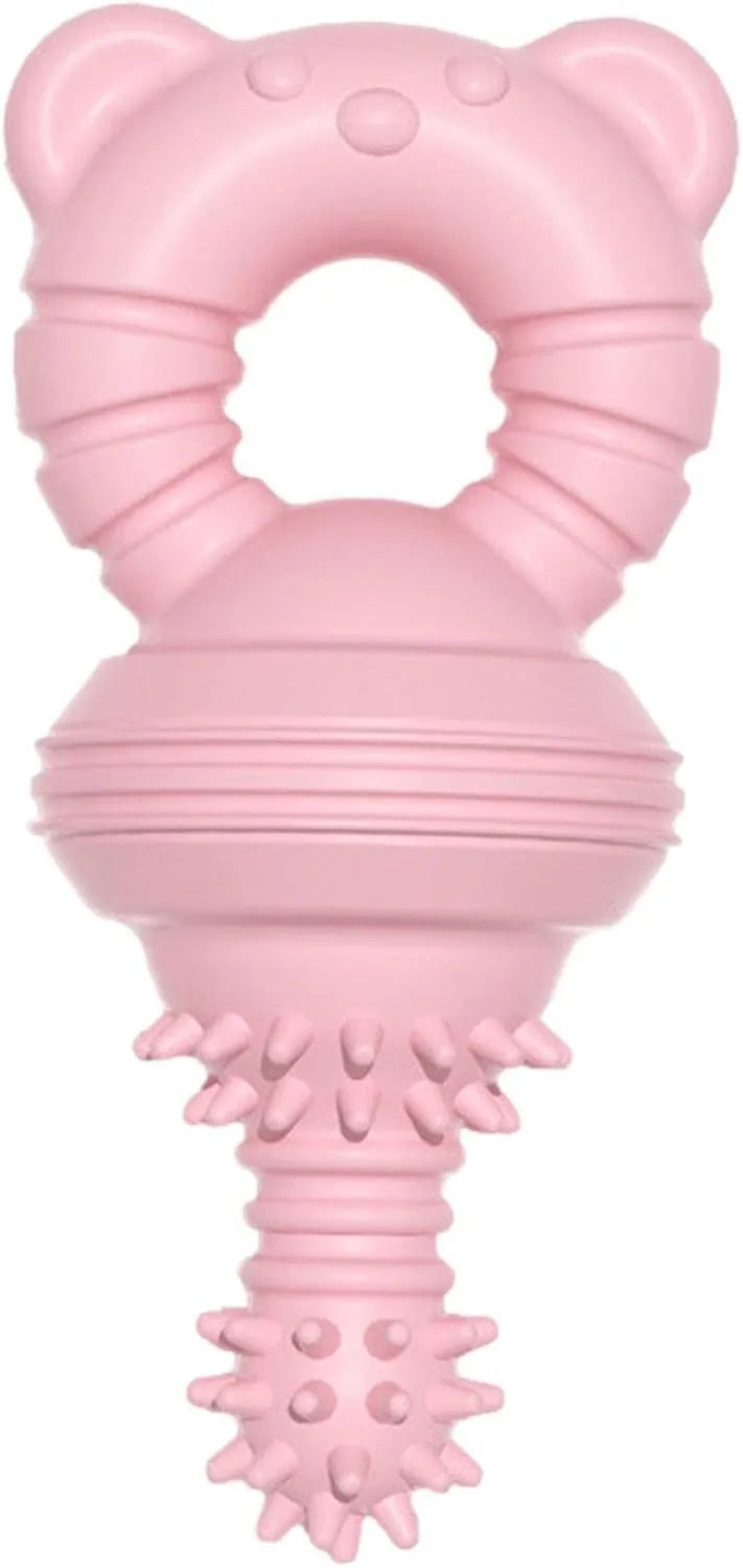 Blue, green, and pink molar-shaped rubber dog chew toy with textured surface and bell.