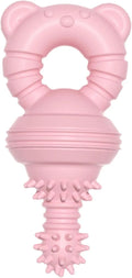 Blue, green, and pink molar-shaped rubber dog chew toy with textured surface and bell.