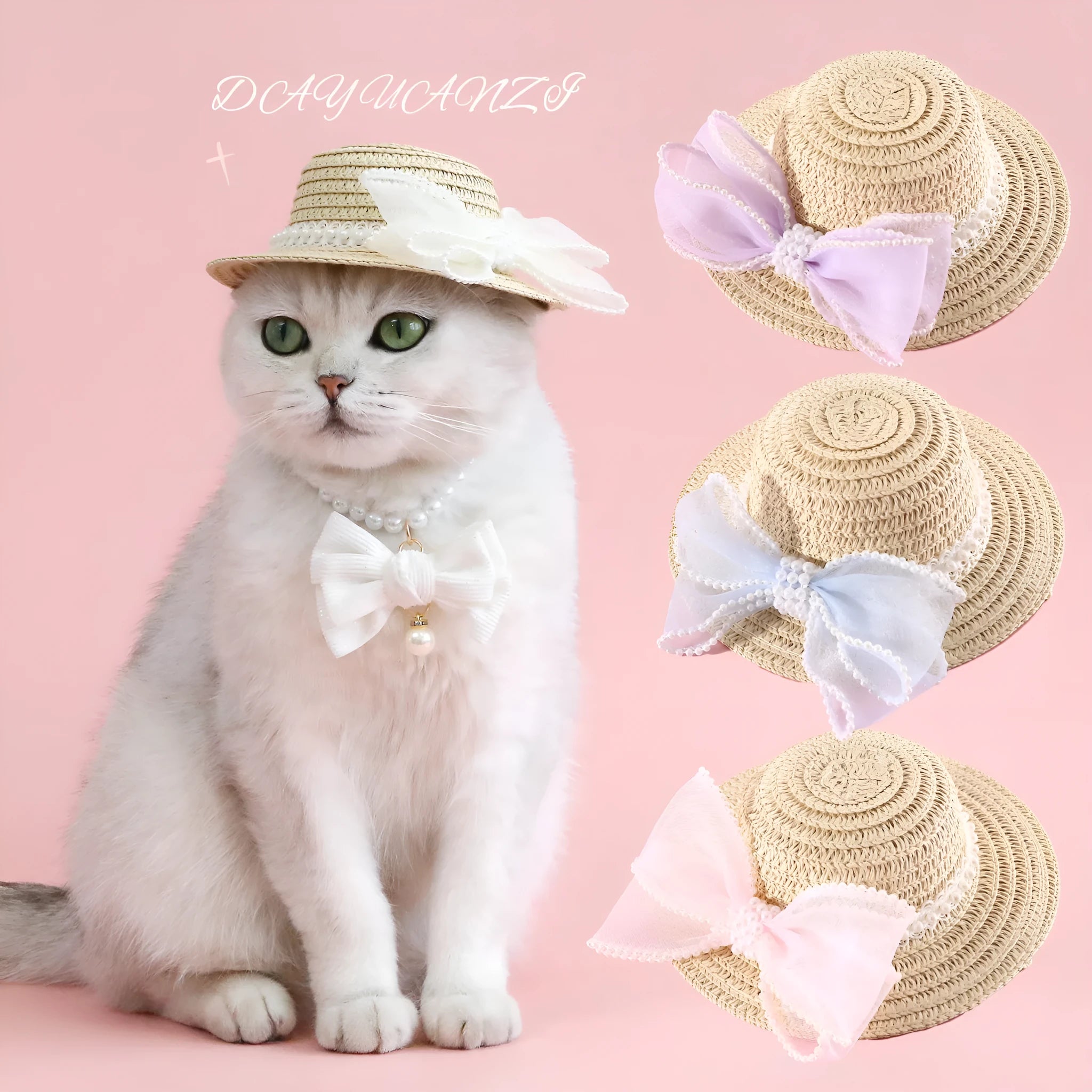 Woven straw pet hat with pearl bow decoration in pink, purple, blue or white colour options