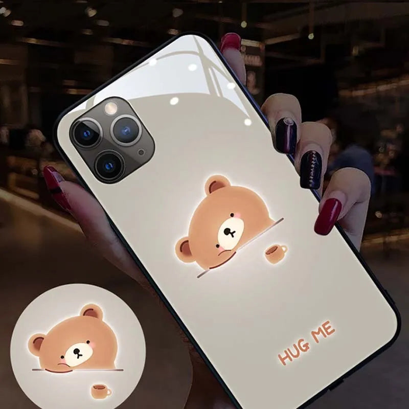 Compatible Apple iPhone LED phone case with tempered glass back glowing with pink and purple lights