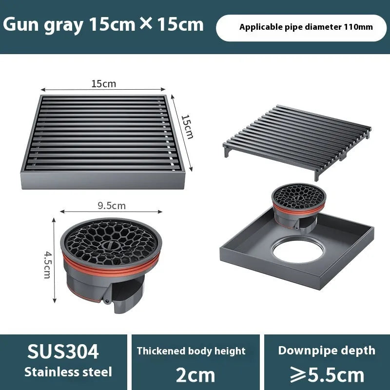 304 stainless steel gun grey courtyard floor drain with 15x15cm dimensions and deodorant core