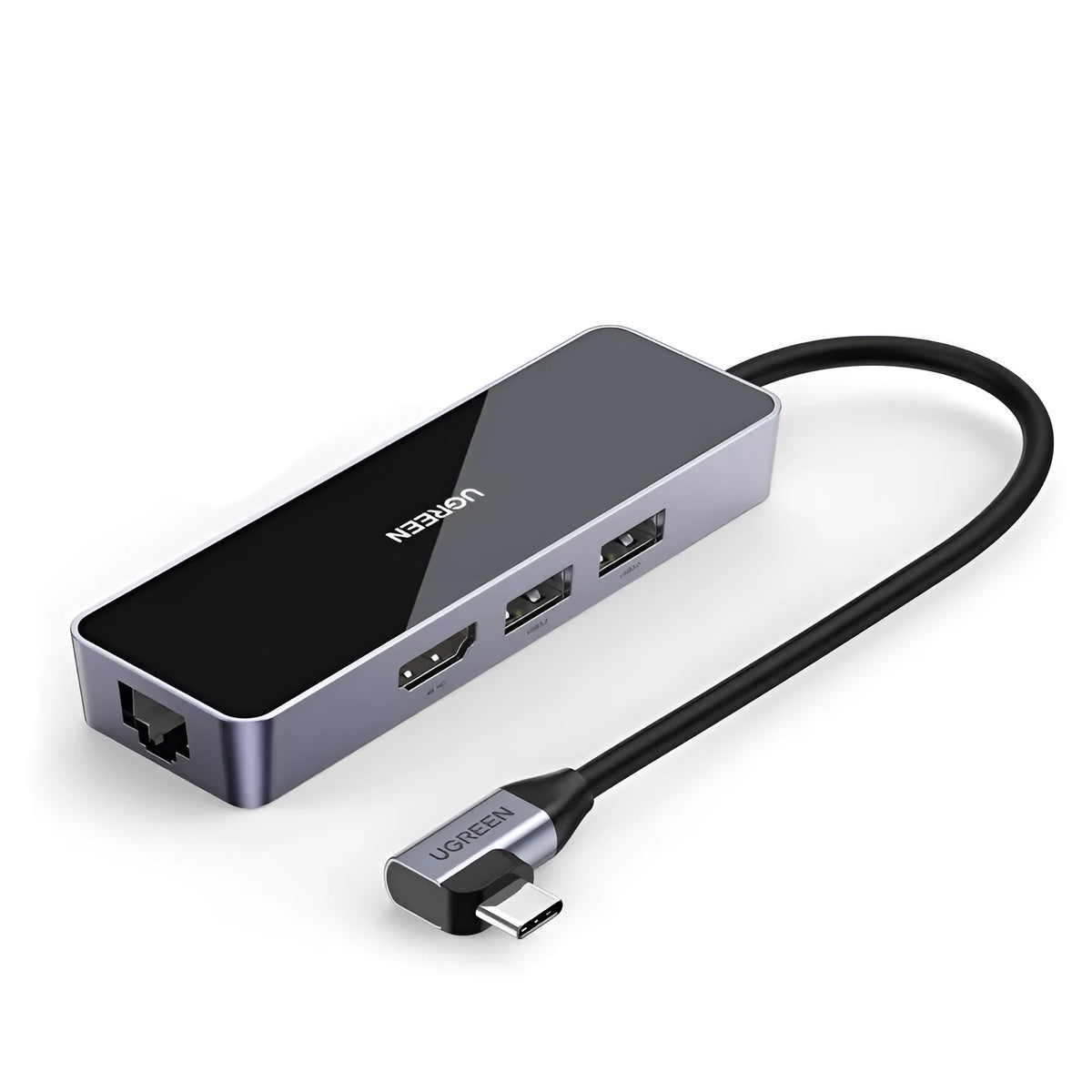 Space gray multi-function USB 3.0 adapter with HDMI, Gigabit Ethernet, and dual USB 3.0 ports on 0.2m cable