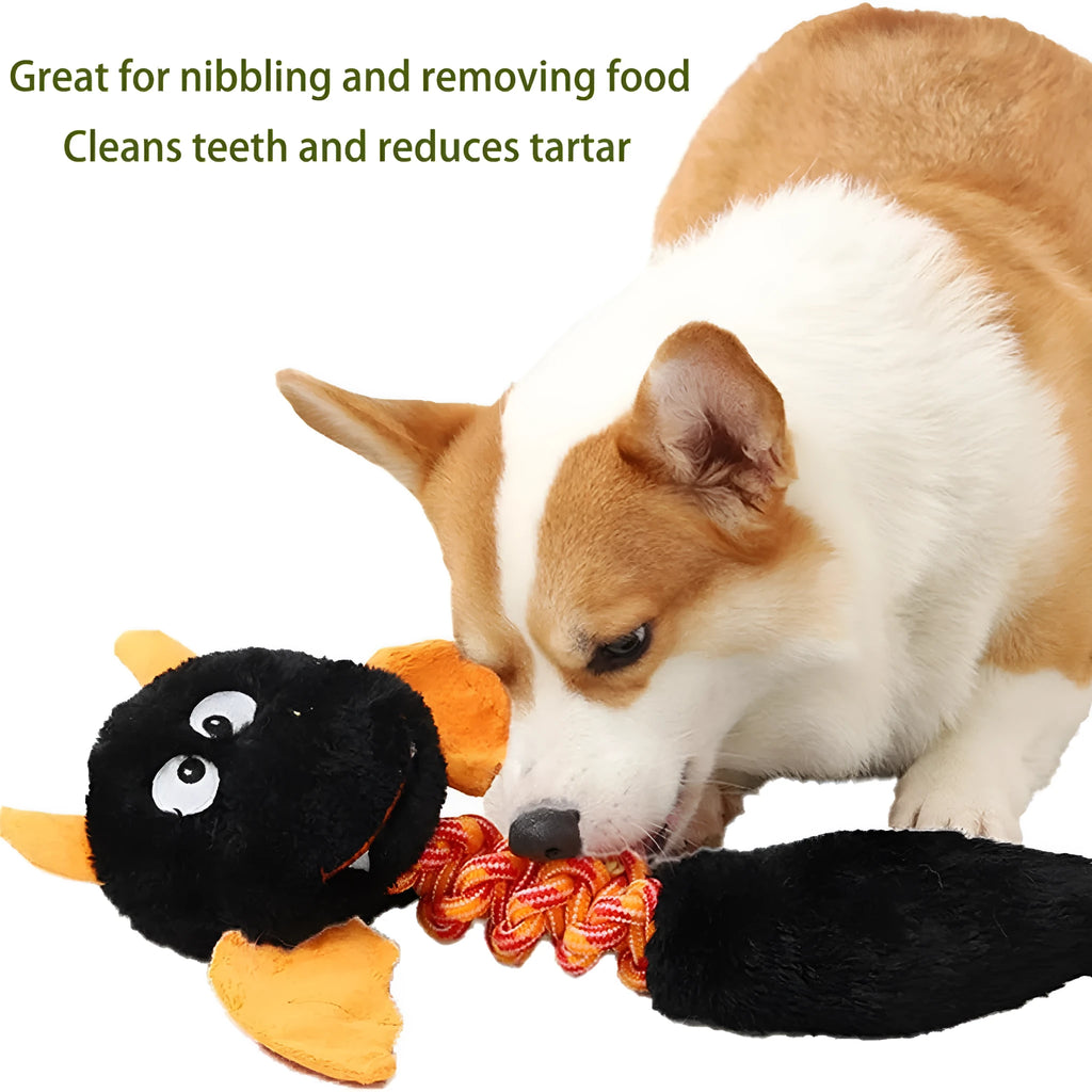 Soft plush dog toy with cartoon design in black, green, or red, showing size scale.