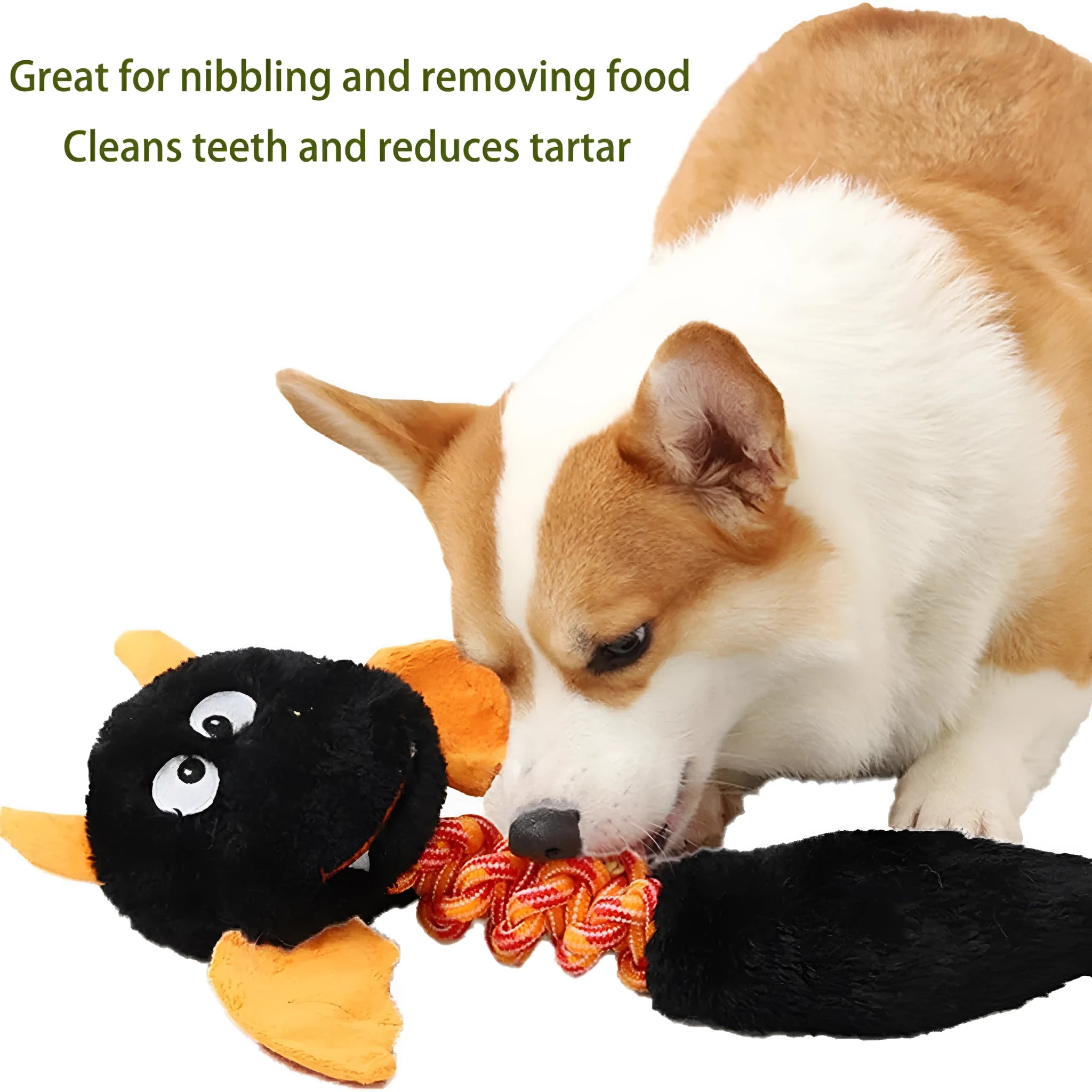 Soft plush dog toy with cartoon design in black, green, or red, showing size scale.