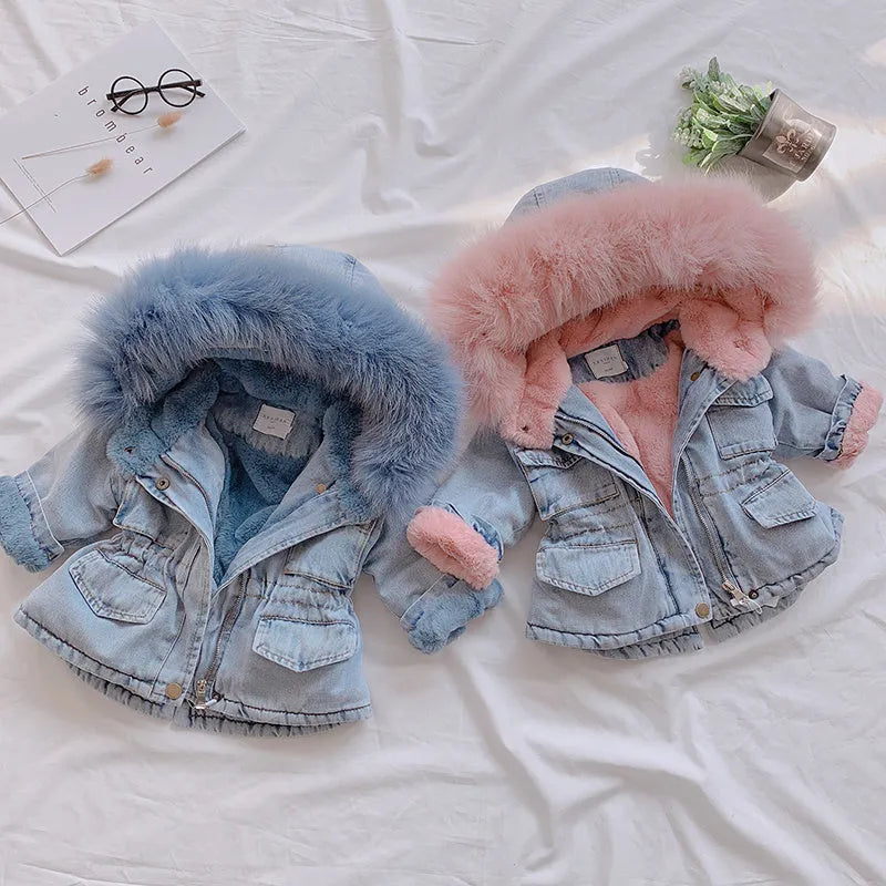 Girls denim coat with fixed hat and plus velvet lining, available in blue and pink, sizes 80cm to 120cm.