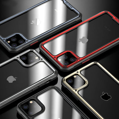 Transparent iPhone 11 mobile phone case in multiple colours showing PU and TPU construction.