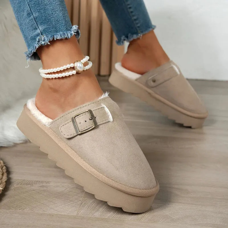 Women's winter slippers with plush lining, PU upper, round toe, in black, brown or khaki, sizes 36-41