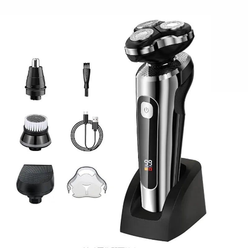 Digital USB rechargeable beard trimmer with LED display on its five-in-one charging base.