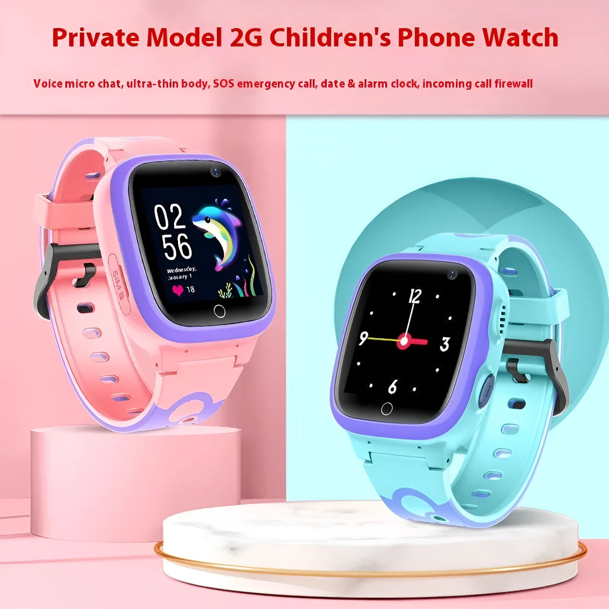 Children's smart positioning watch with 1.44 screen, waterproof silicone ABS strap, touch button, pink or blue.