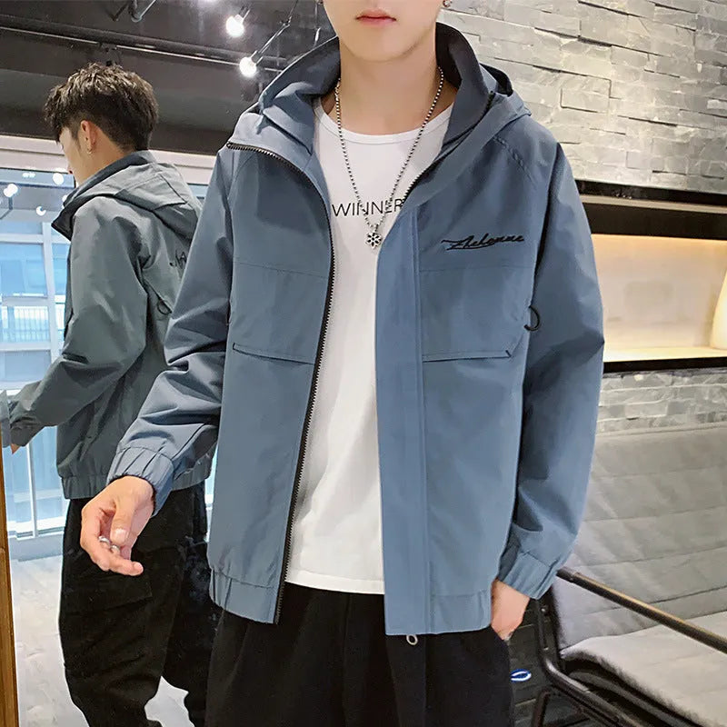 Hooded work coat in black with full zipper, loose fit 100% polyester for spring and autumn
