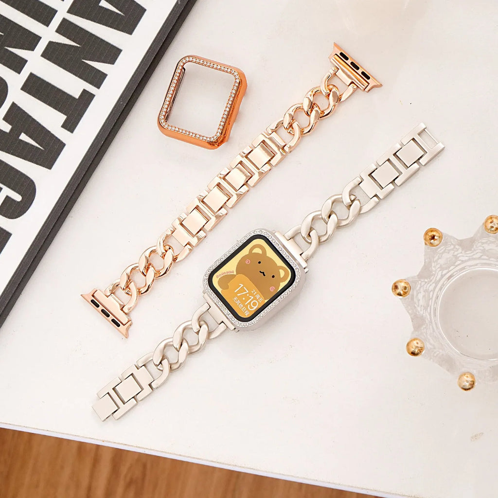 Denim textured metal chain watch strap for Apple Watch in silver, black, gold, rose gold, and starlight colours.