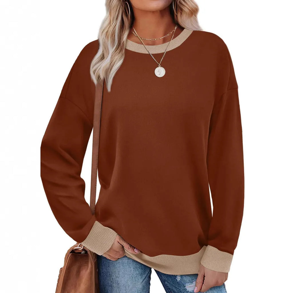 Loose fit round neck striped long-sleeved top for women in khaki, front view