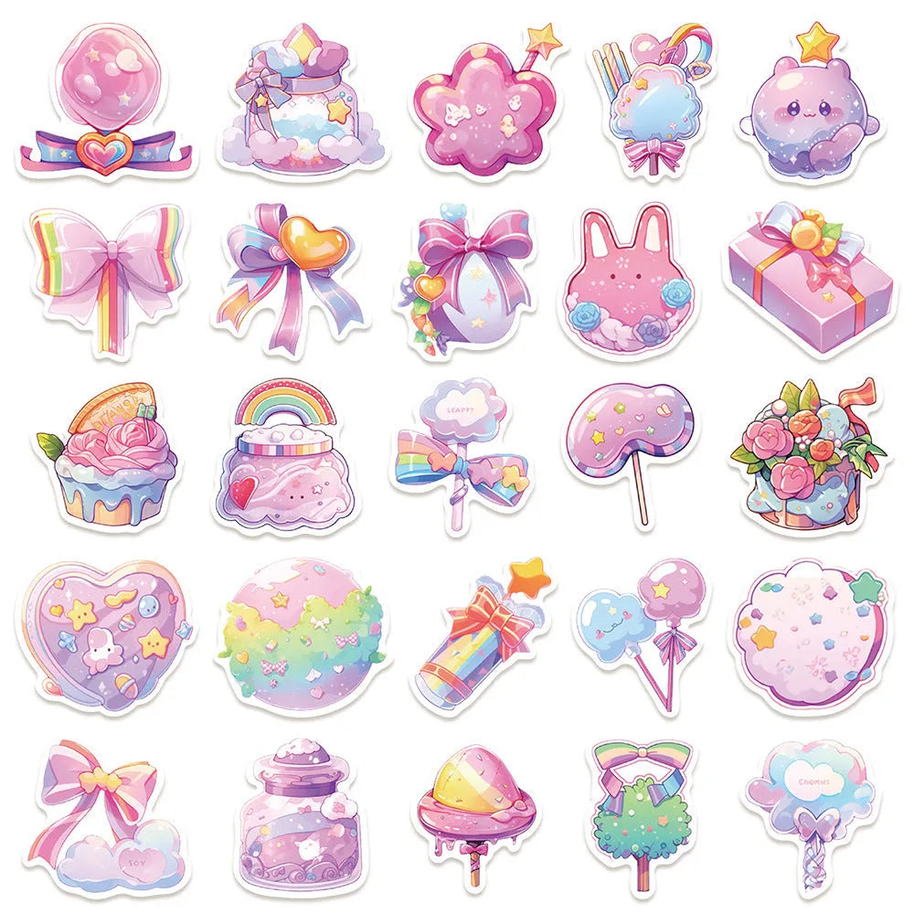Pack of 50 fresh candy and small object design waterproof vinyl stickers for journal decoration.