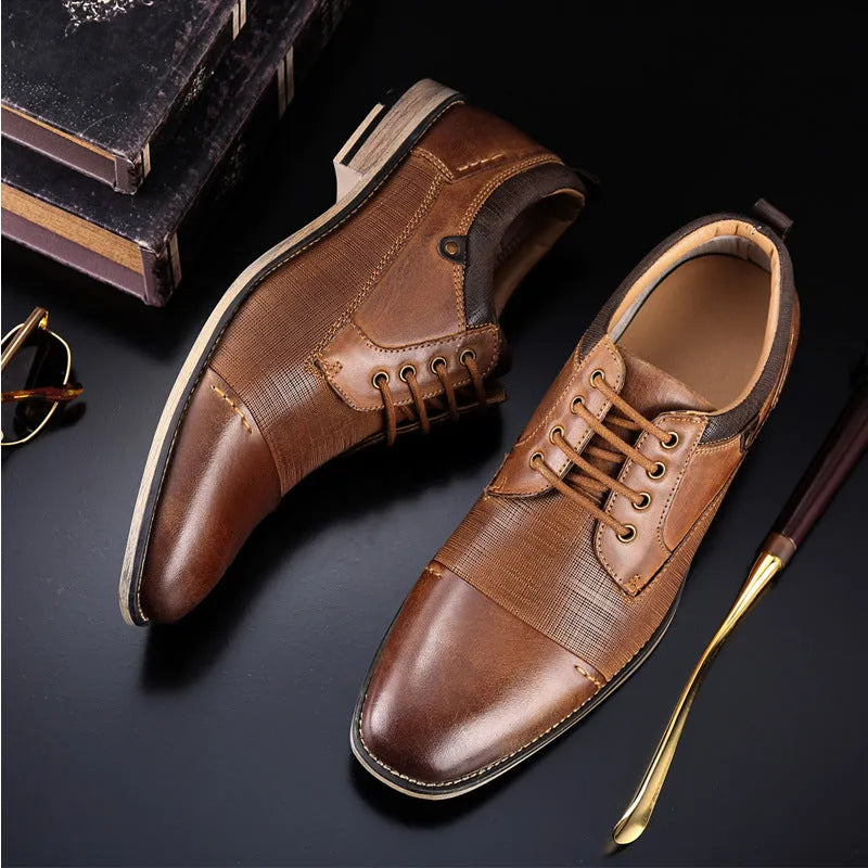 Men's brown cowhide formal shoes with rubber sole, sizes 8 to 13 including half sizes