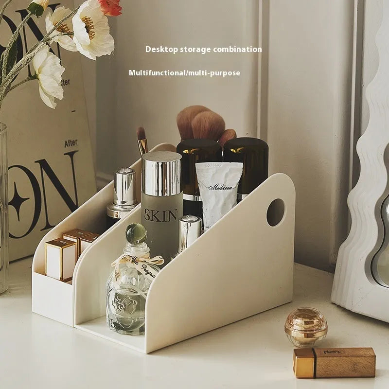 Plastic desktop storage box with two grid compartments in milk coffee colour