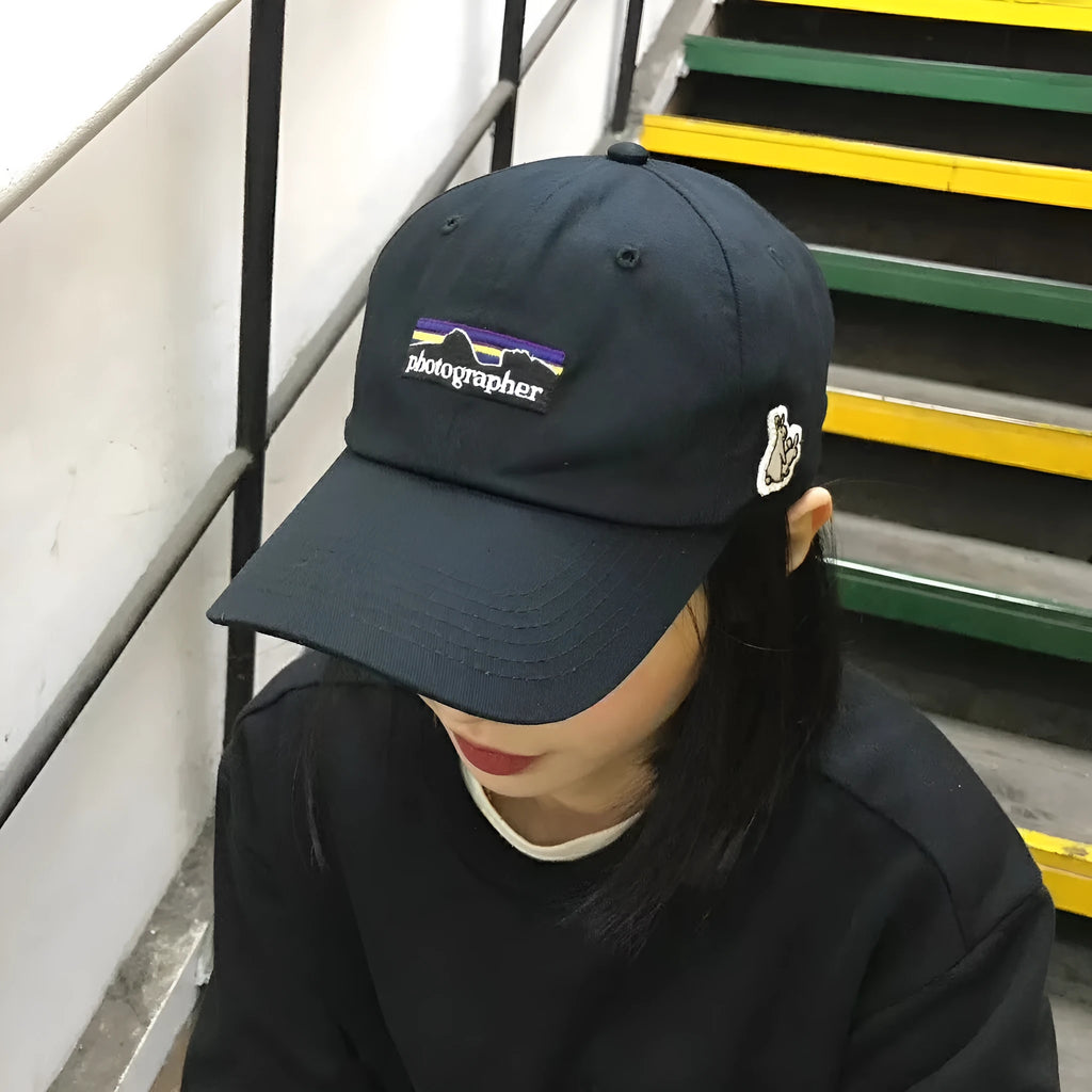 Black men's cotton baseball cap with letter pattern and soft top for street and travel wear