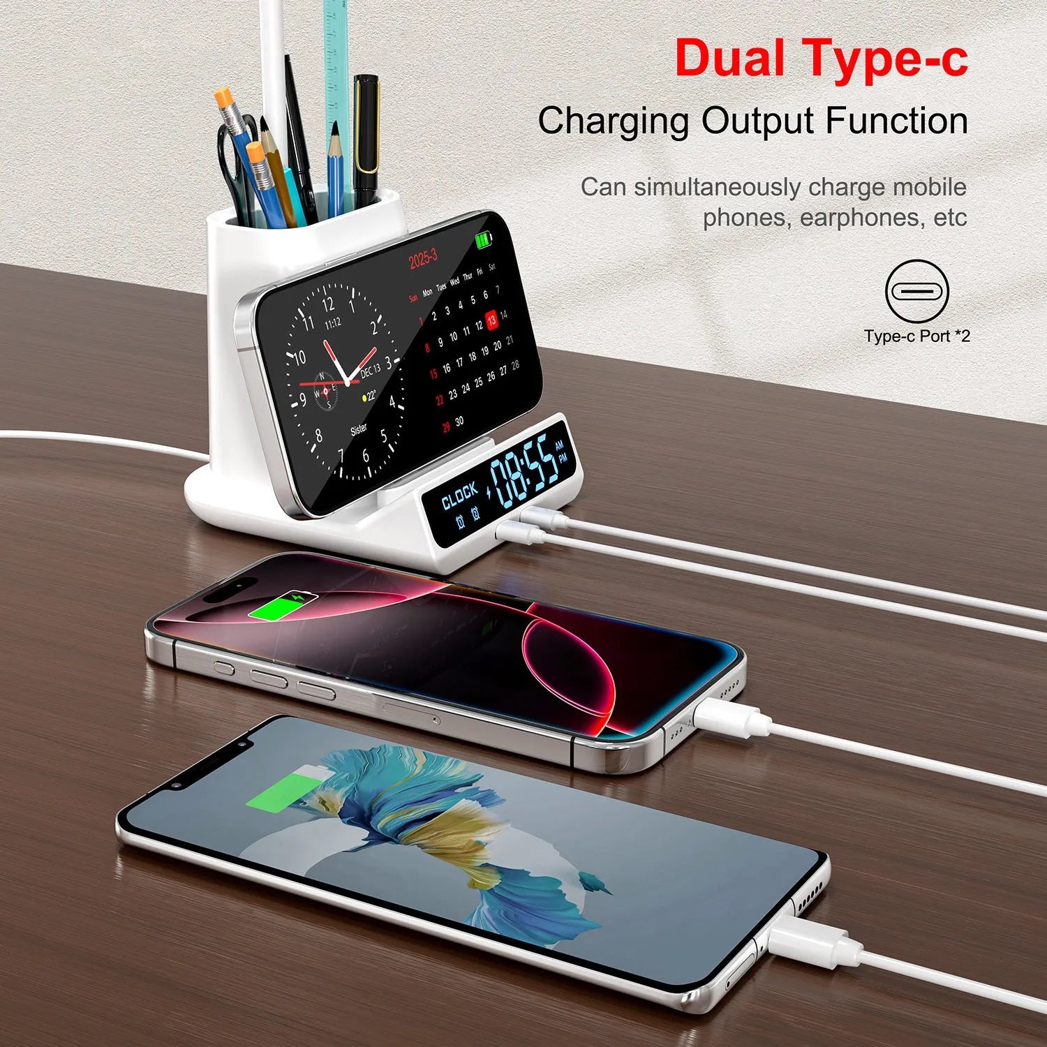 Modern black desk lamp with wireless charging top and built-in pen holder storage compartment.