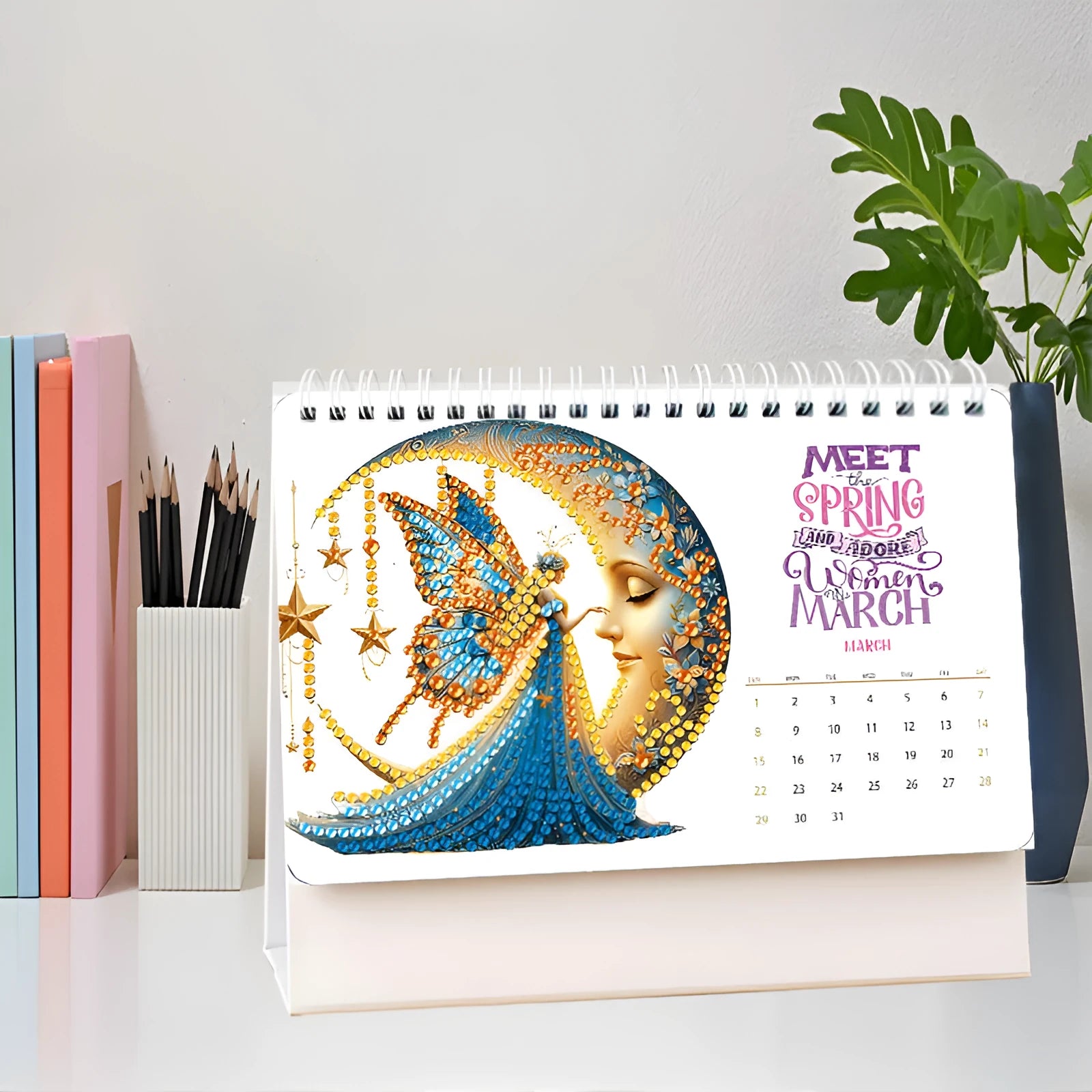 Handmade diamond painting desk calendar with stick-on crystals on white card, frameless modern simplicity design
