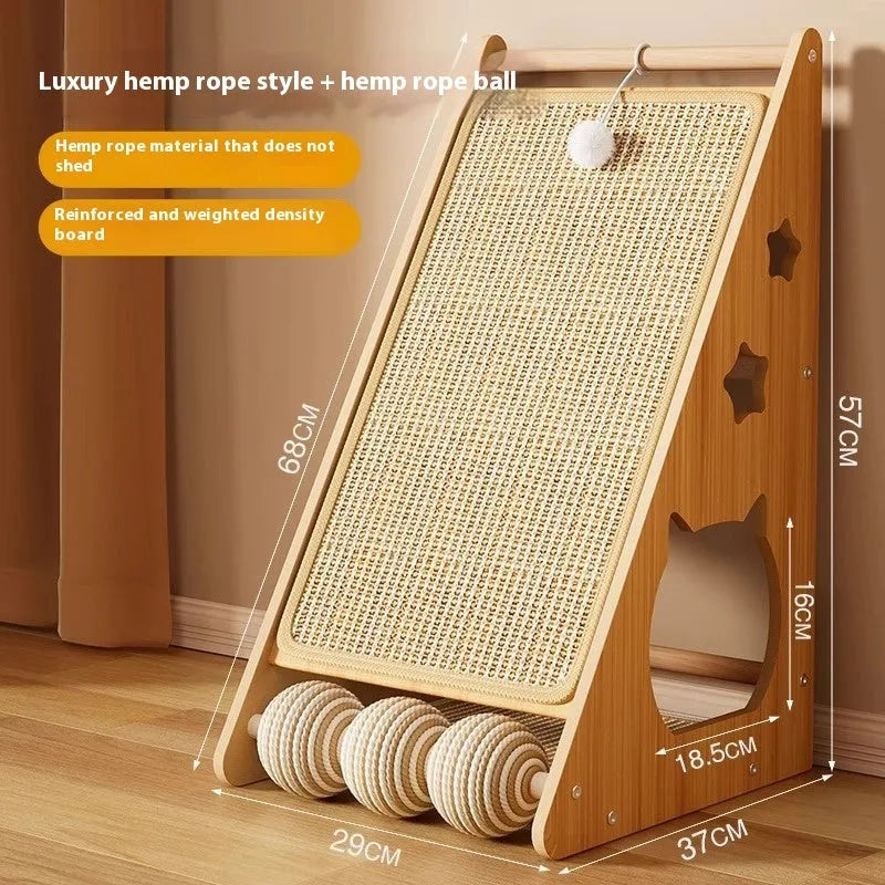 Vertical wall-mounted cat scratch board with sisal and hemp rope, featuring a dangling teasing ball.