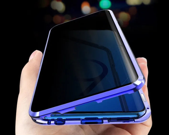 Black magnetic clamshell phone case with anti-peeping screen for Samsung Galaxy phones, shown open.