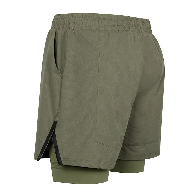 Men's plaid quick-drying sports shorts in polyester fabric shown in multiple colours.