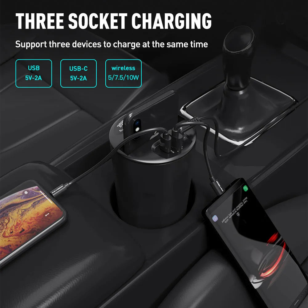 Black X9 car wireless charging cup holder mount with QI charging surface and USB/Type-C ports