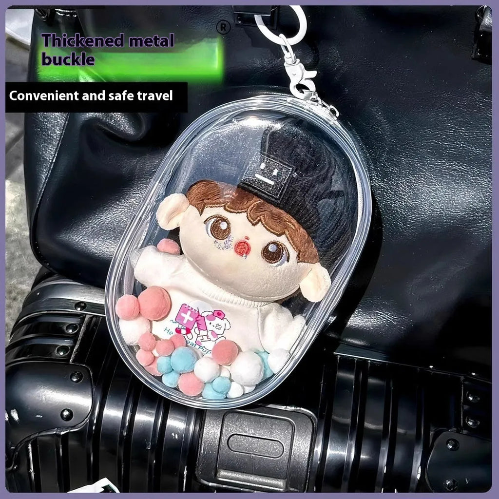 Transparent PVC cube storage bag with zip closure for cotton dolls, shown in avocado green colour.