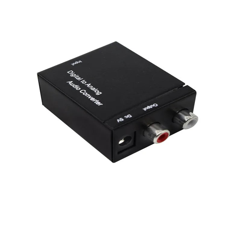 Black analog to digital audio converter with RCA-style jacks, coaxial input, 96 KHz support, EU and US models