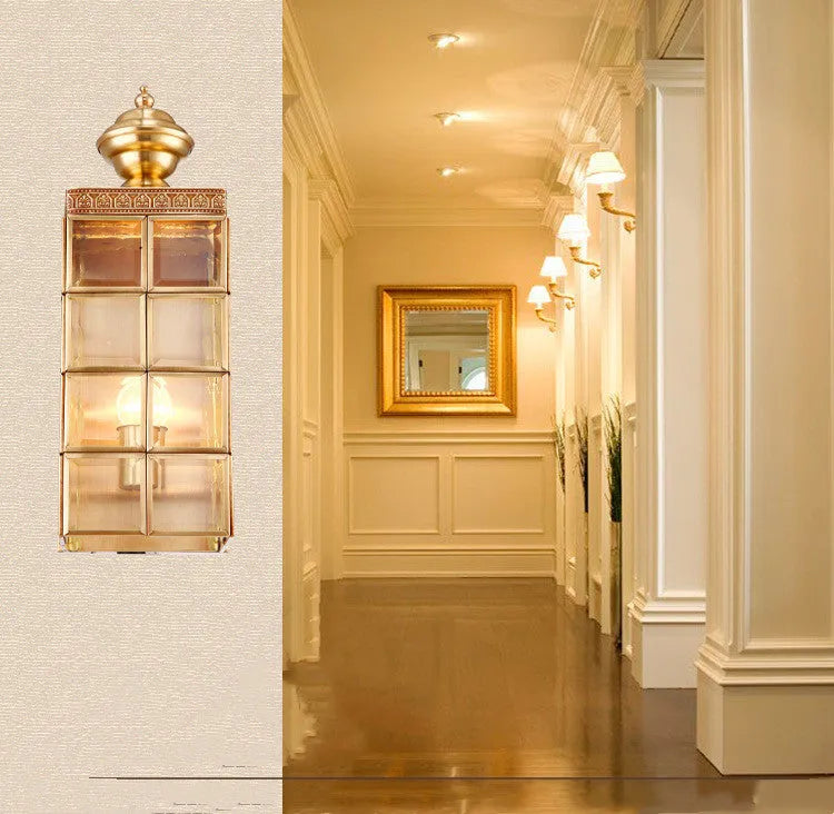 Gold full copper wall lamp with glass shade, E27 fitting, 130 x 410 x 150 mm, for balcony courtyard